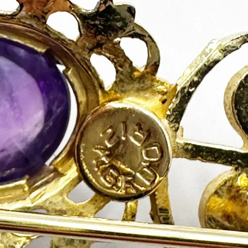Brooch Pin Gold Purple Cabachon Marked 12kGFDOR 12k gold filled retro vintage
